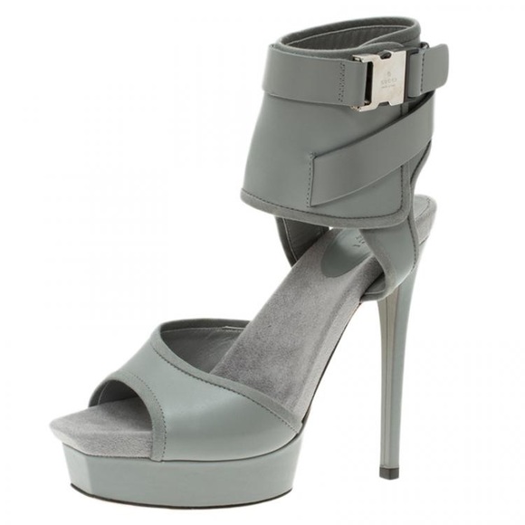 Gucci Grey Leather and Fabric Gail Ankle Cuff Platform Sandals - Picture 2 of 10